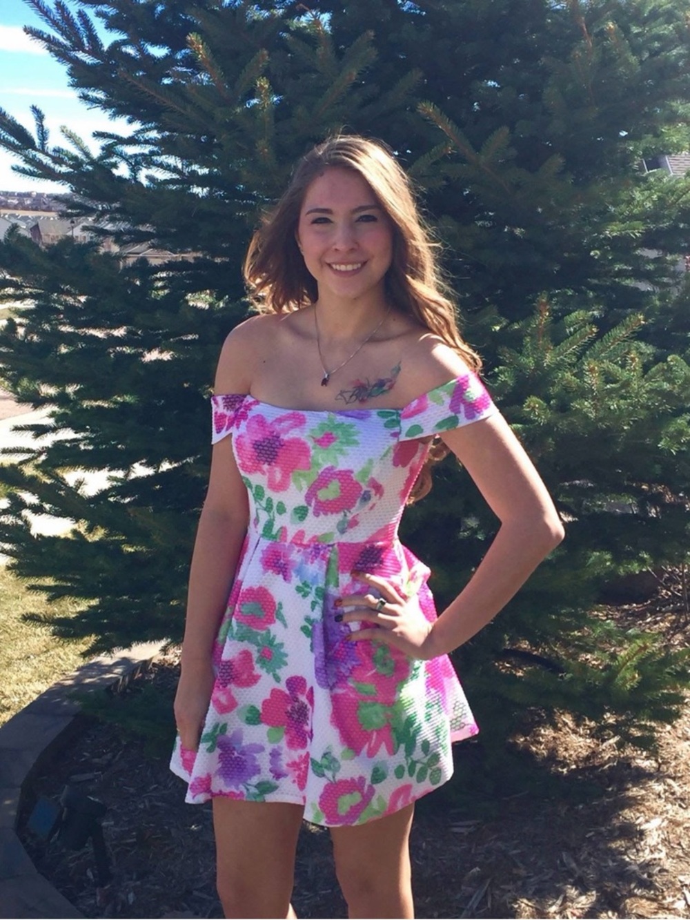 Floral Off-Shoulder Skater, Mini Dress in Pink & Green